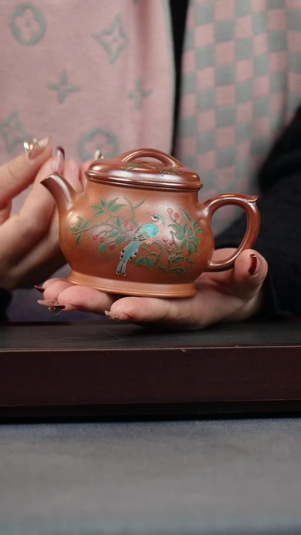 【闪购商品】紫砂茶壶火云烧 潘壶 泥绘喜上枝头