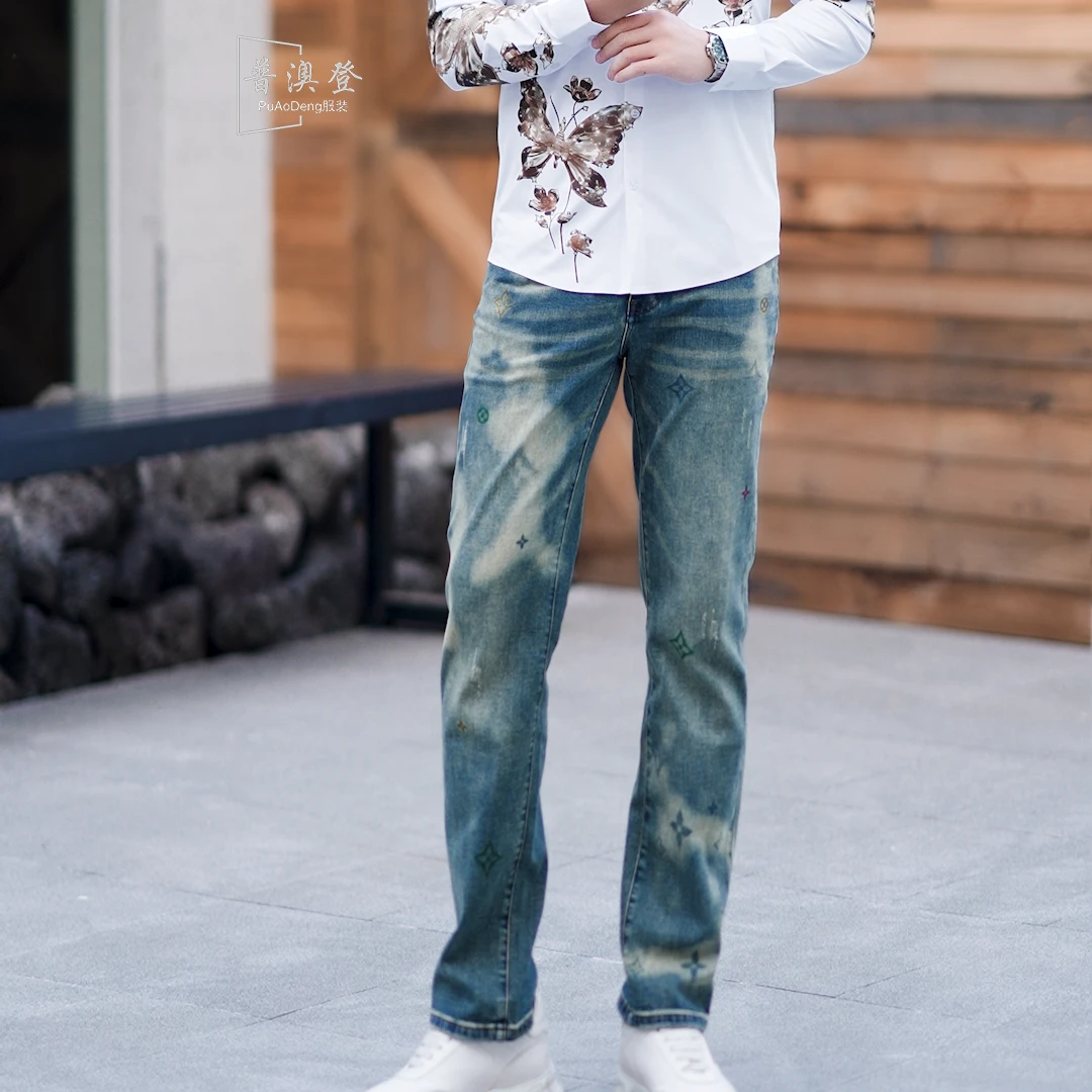 2025夏日上新出游时尚潮流百搭休闲渐变老花字母水洗男士牛仔裤