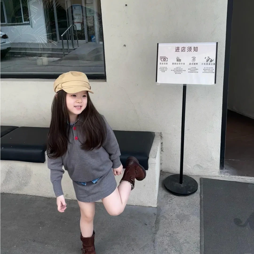 壹妈童装女童时尚套装秋季新款洋气女宝时髦灰色上衣半裙牛仔衬衫