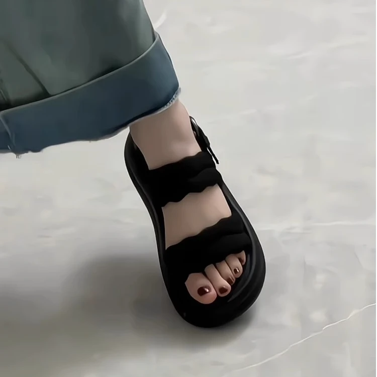 新中式凉鞋女外穿2025年夏季新款一字扣松糕厚底罗马鞋防滑沙滩鞋