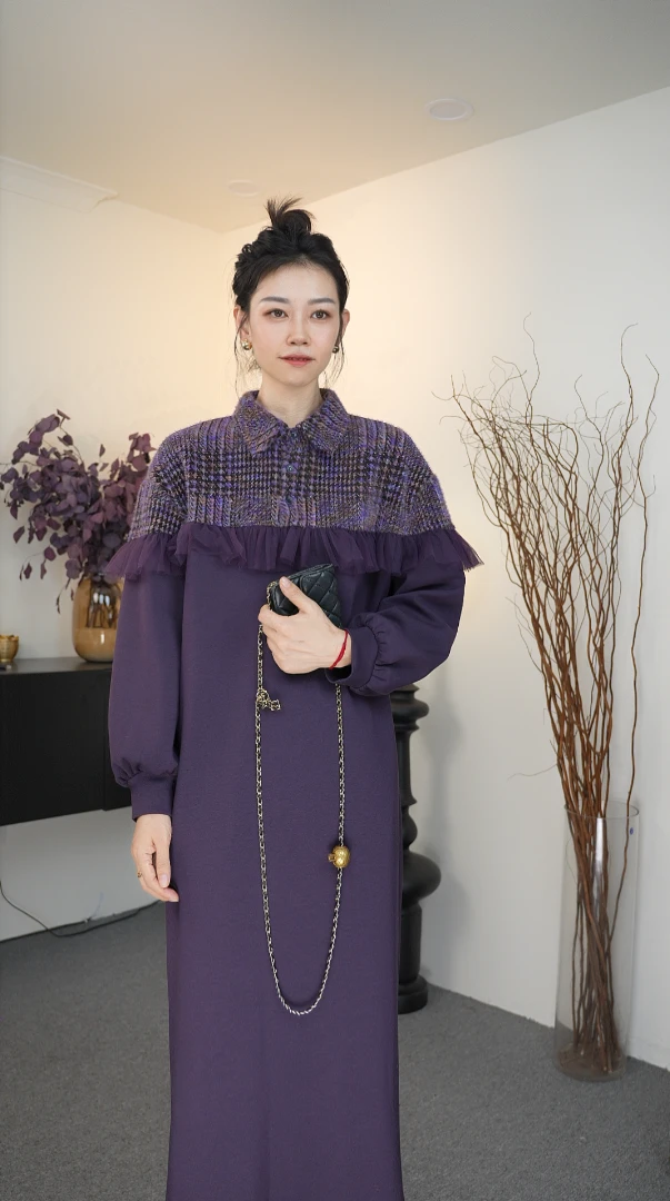 瑟伦莎【舒奇雅】秋冬气质时尚双拼轻奢假两件显瘦长裙连衣裙6855