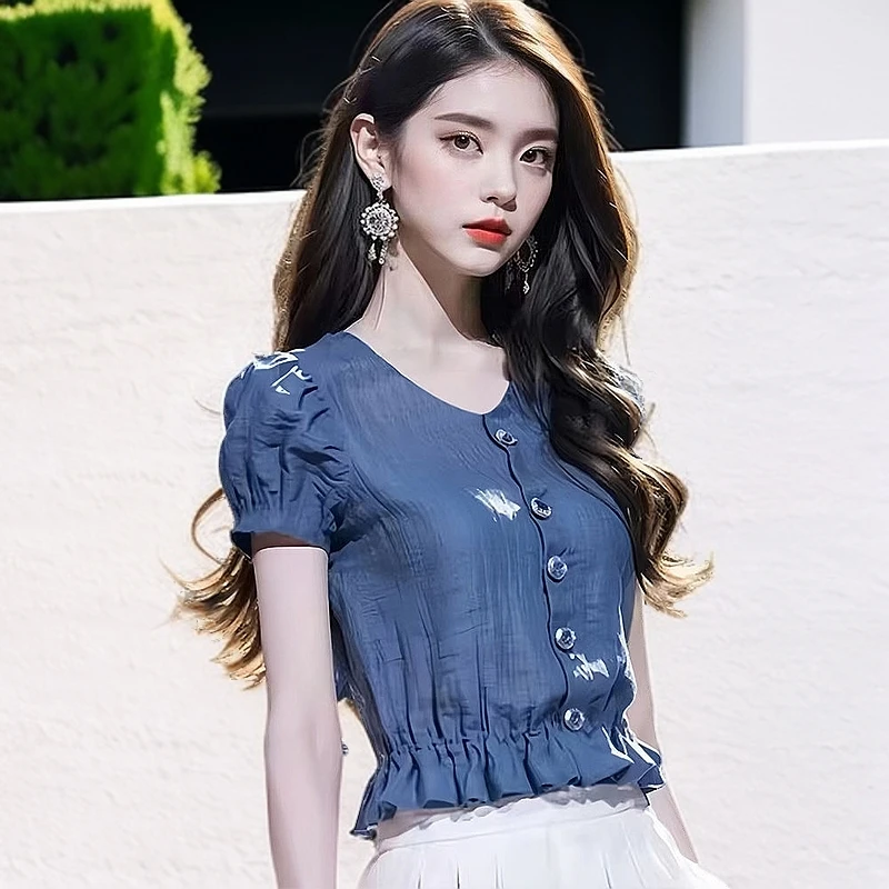 蓝色短袖衬衫女夏季短款洋气卡腰小衫时尚时髦法式高级感薄款上衣