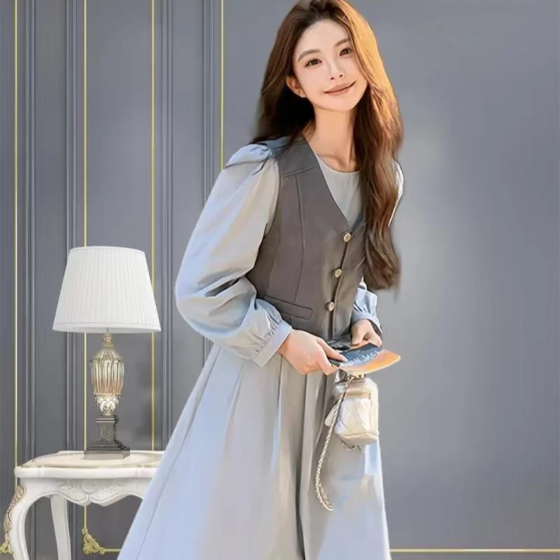 连衣裙女显瘦长袖拼接