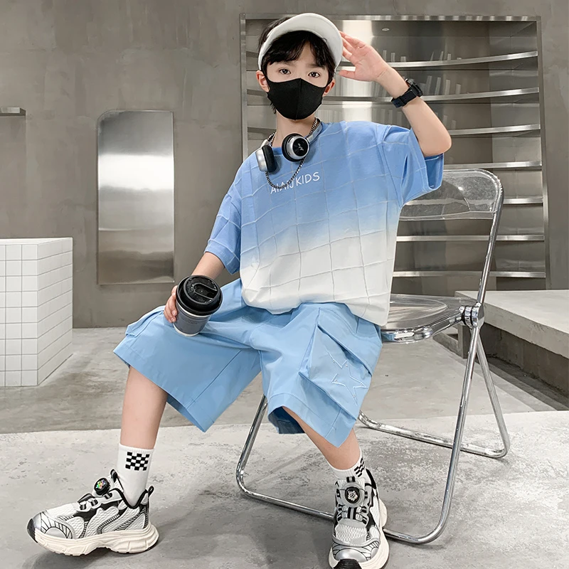 MK&UR.BV男童夏季套装2025大童男孩宽松短袖洋气时髦渐变夏装薄款