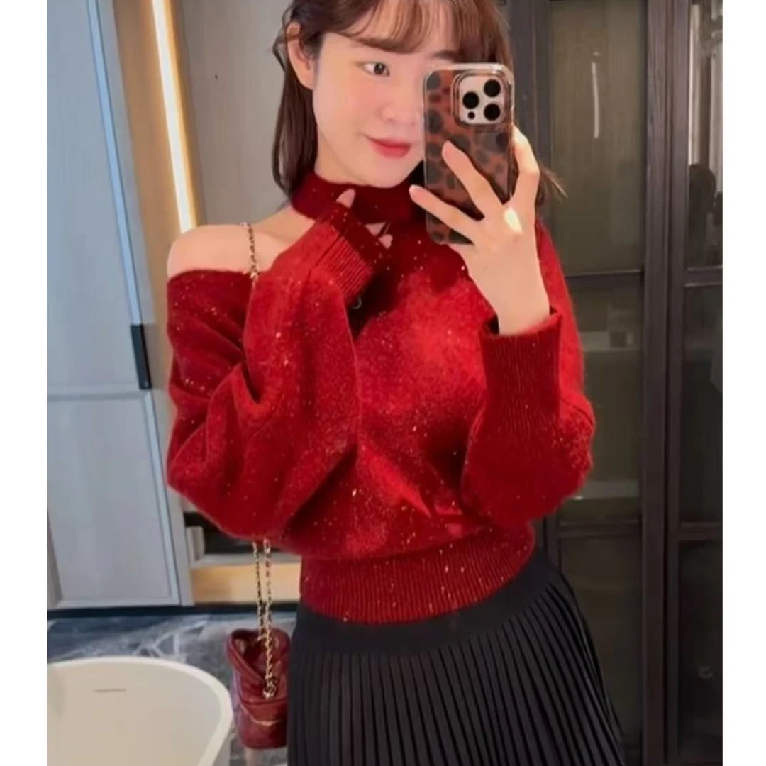 8892番外冬季新款斜肩挂脖宽松慵懒风可外穿独特漂亮针织衫女