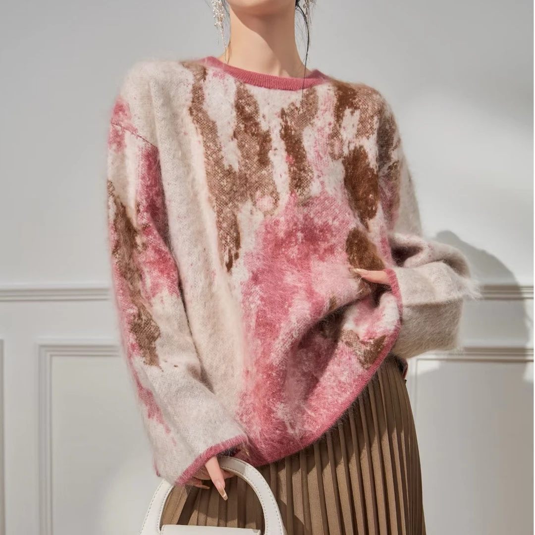 【桃之天天】2025秋冬新款宽松慵懒风圆领长袖针织衫毛衣女.D1561