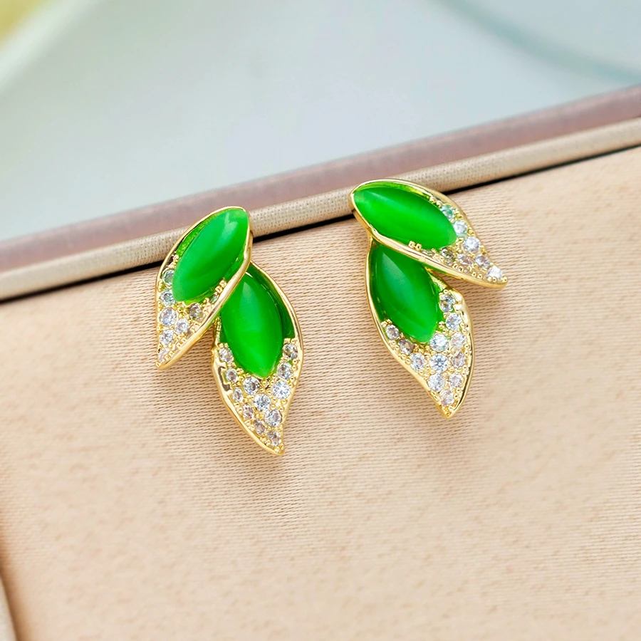 铜合金合成锆石耳饰 韩版新品绿色叶子耳钉森系百搭满钻耳坠1609