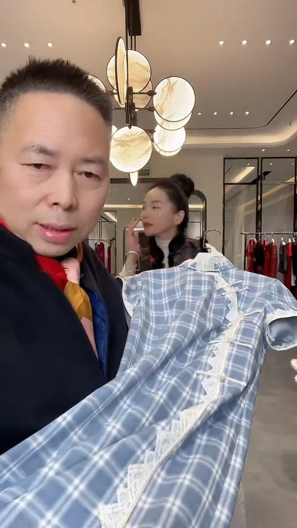 蓝色高定格子旗袍499 l码