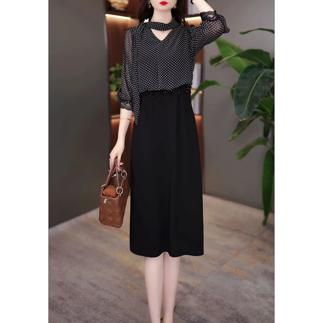 2025早秋新款时尚优雅气质拼接波点显瘦减龄连衣裙5488#