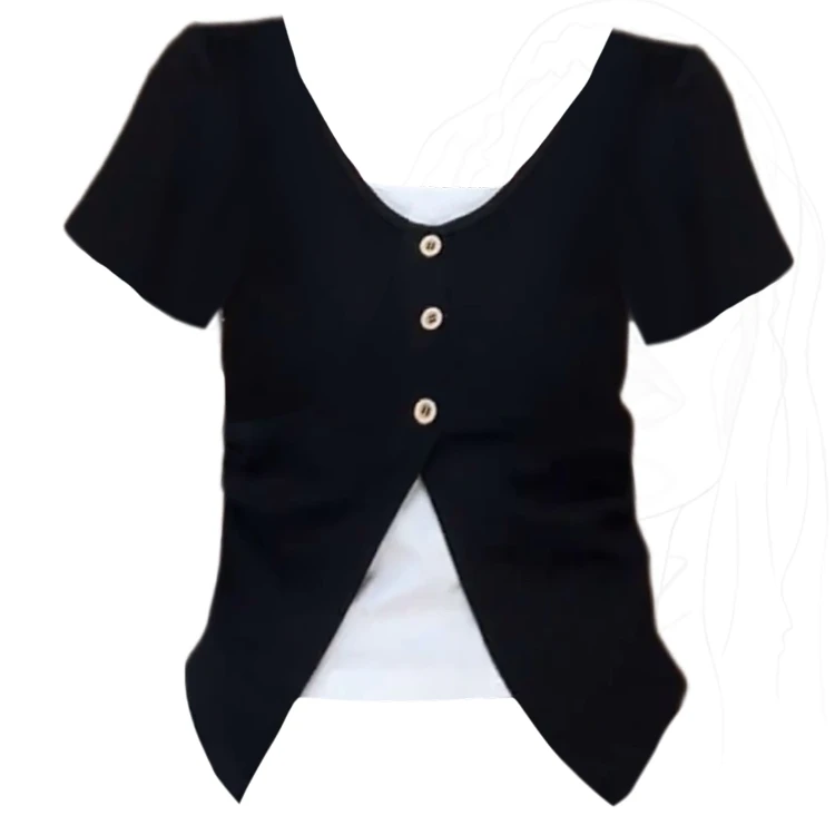 大码胖妹妹甜辣妹复古撞色V领短袖t恤女夏季设计感假两件正肩上衣