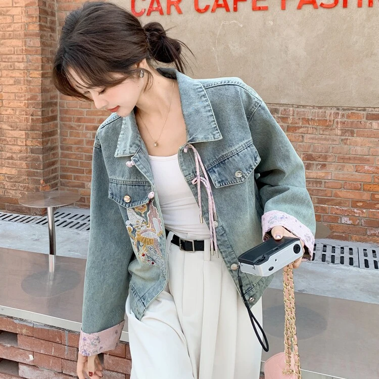 粉色刺绣拼接国风牛仔外套女春秋新中式上衣潮流时尚洋气女神范