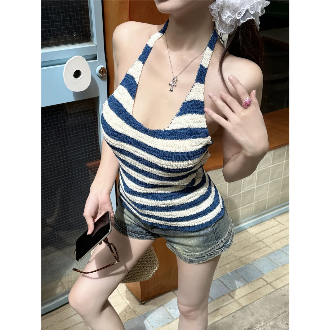 【海盐凉风】冰感纱线露背条纹挂脖背心