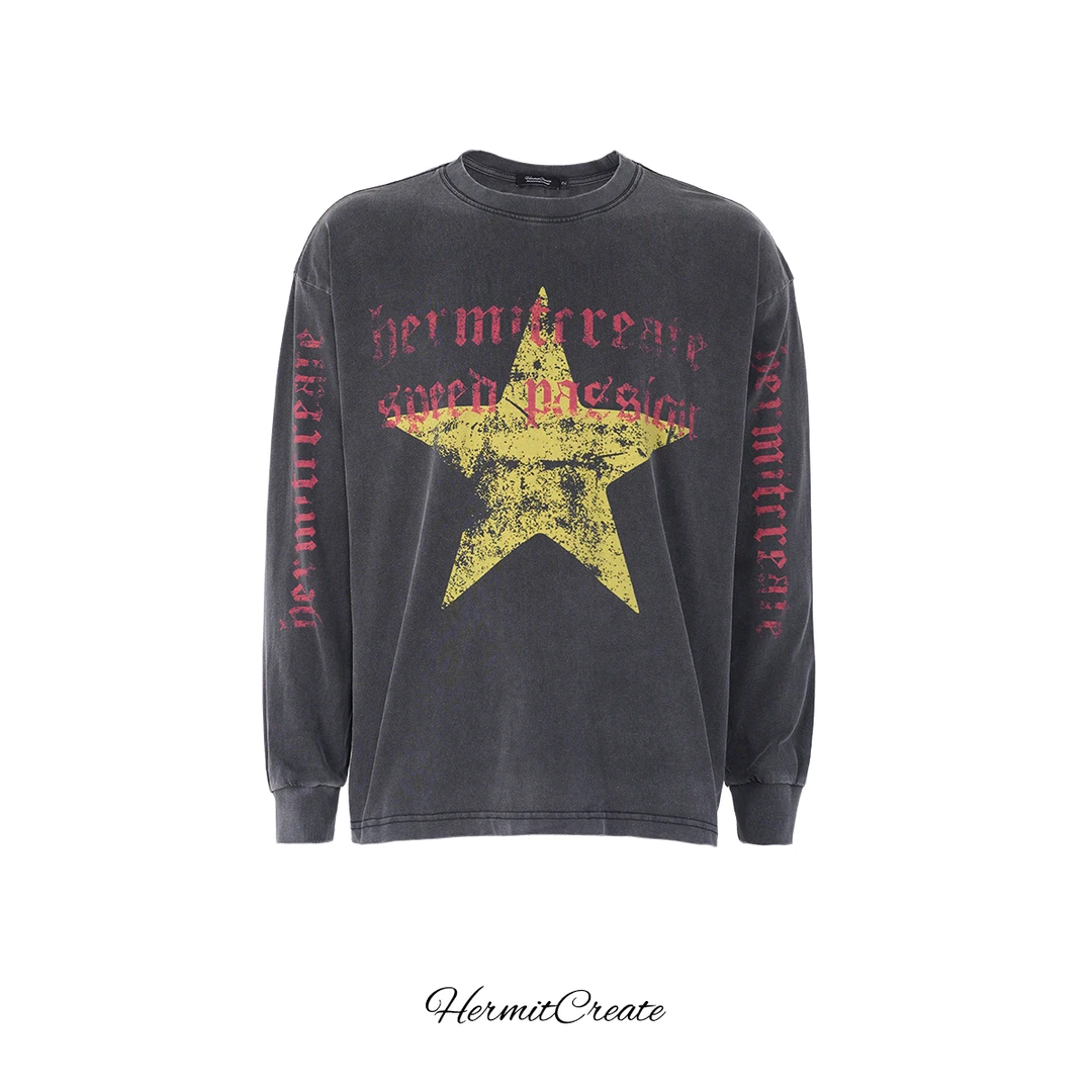 HC/HermitCreate水洗印花长袖摇滚五星做旧vintage复古街头风潮流