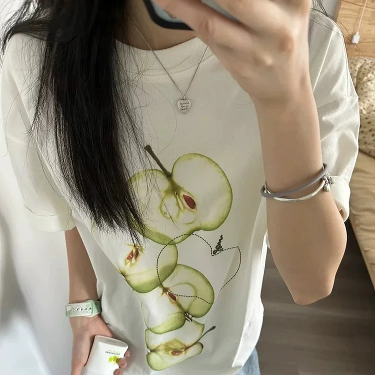 美式复古白色短袖t恤女夏季趣味苹果印花oversize重磅纯棉上衣ins