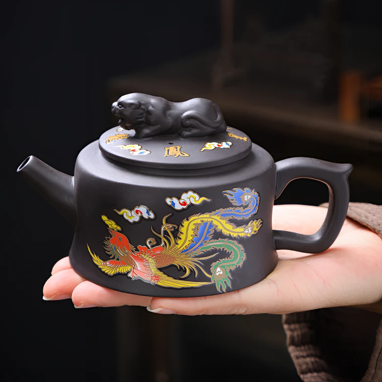 大师手工紫砂遇热变色龙凤呈祥井栏壶单壶大号家用办公礼品泡茶器