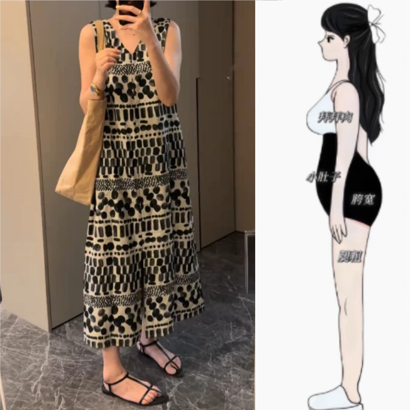 夏季新款女装印花波点背心前开衩连衣裙女高级感洋气撞色无袖长裙
