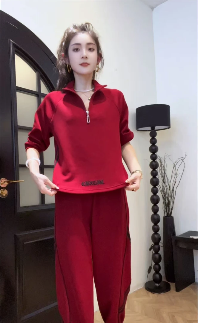 休闲运动套装秋冬红色卫衣减龄女士运动春季网红立领