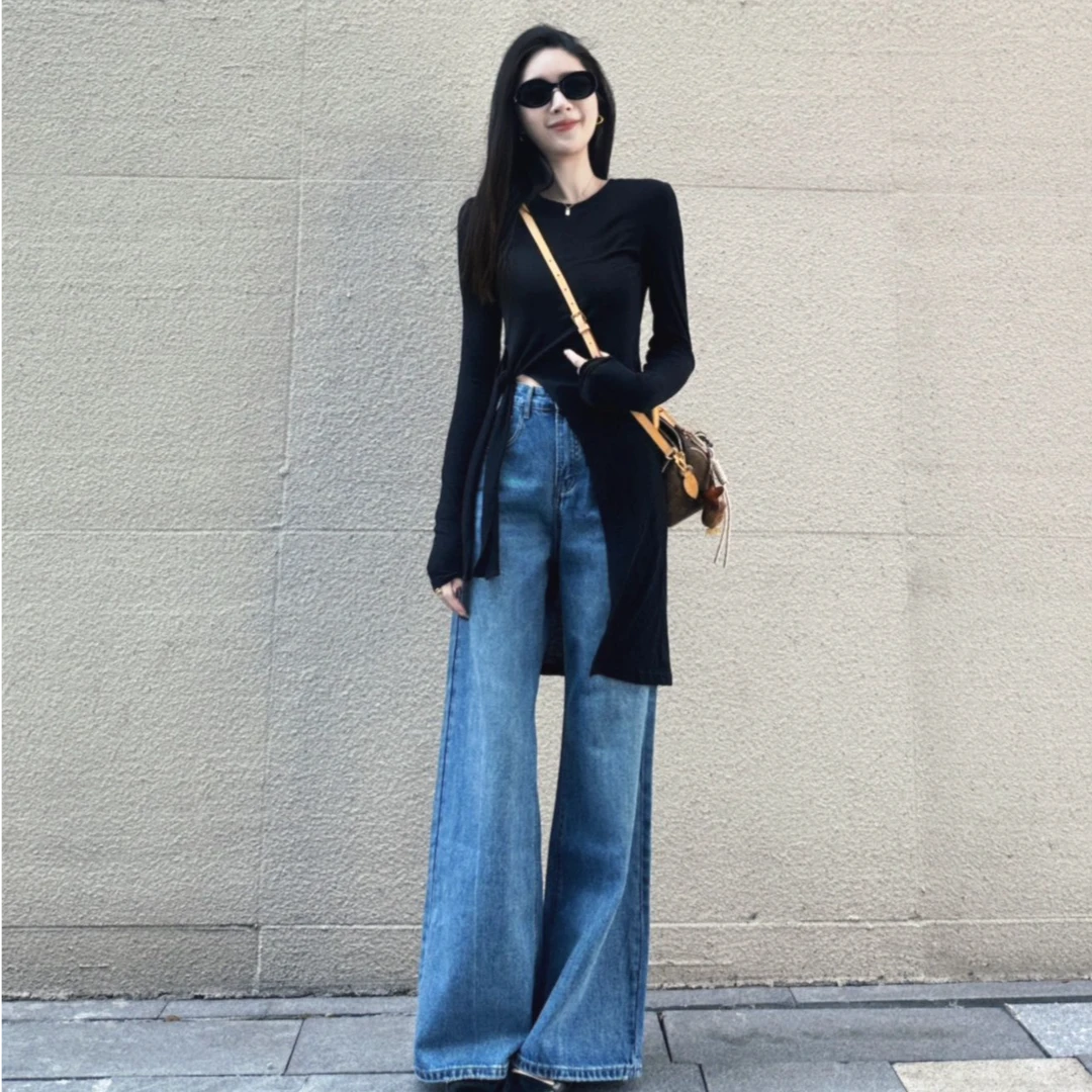 法式黑色不规则开叉修身外搭防晒罩衫上衣女夏季气质正肩长袖t恤