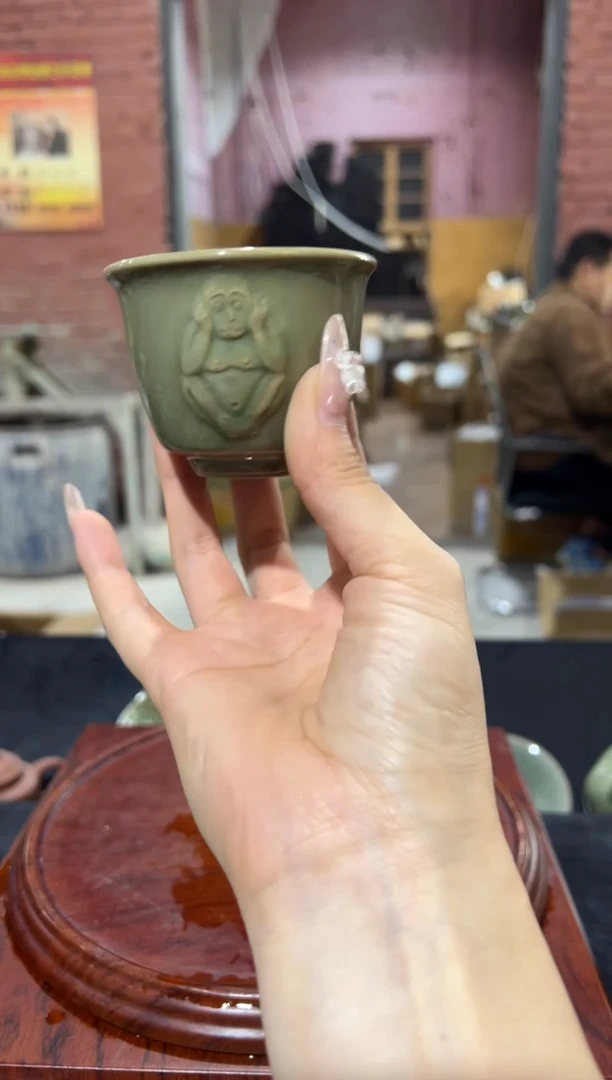 微瑕耀州窑三不猴小杯