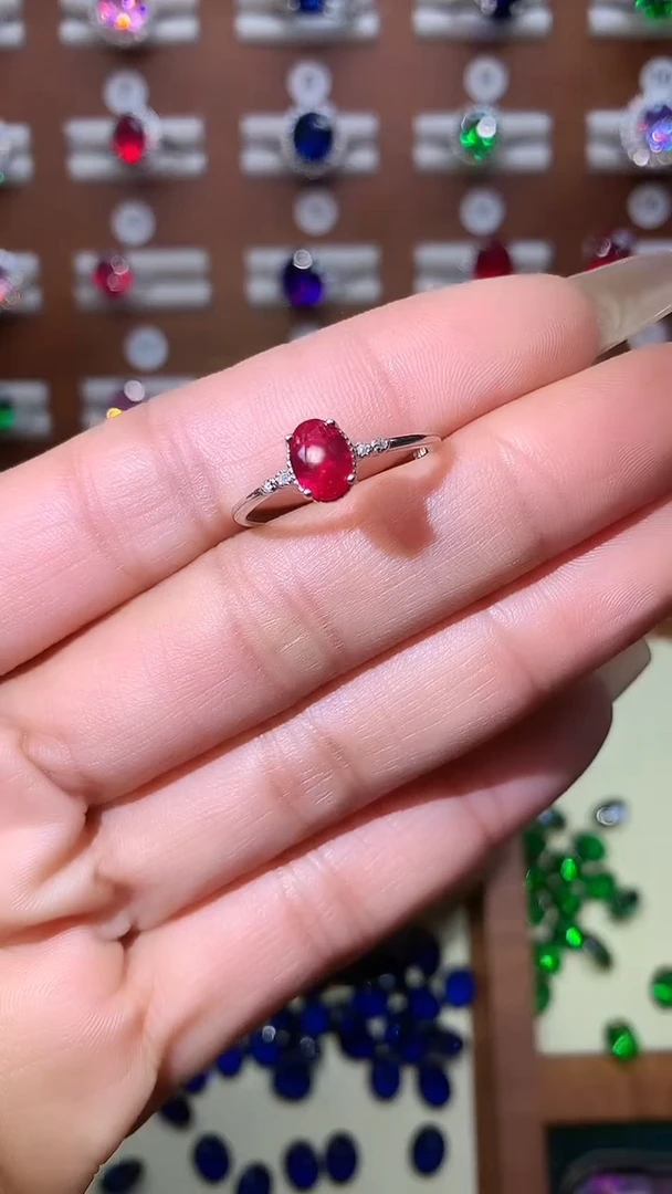 银S925镶嵌戒指红宝石57酒红白