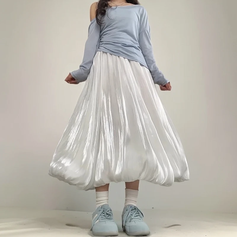 9759白色缎面花苞裙子长裙大码女a字半身裙遮胯夏季款伯克利长款