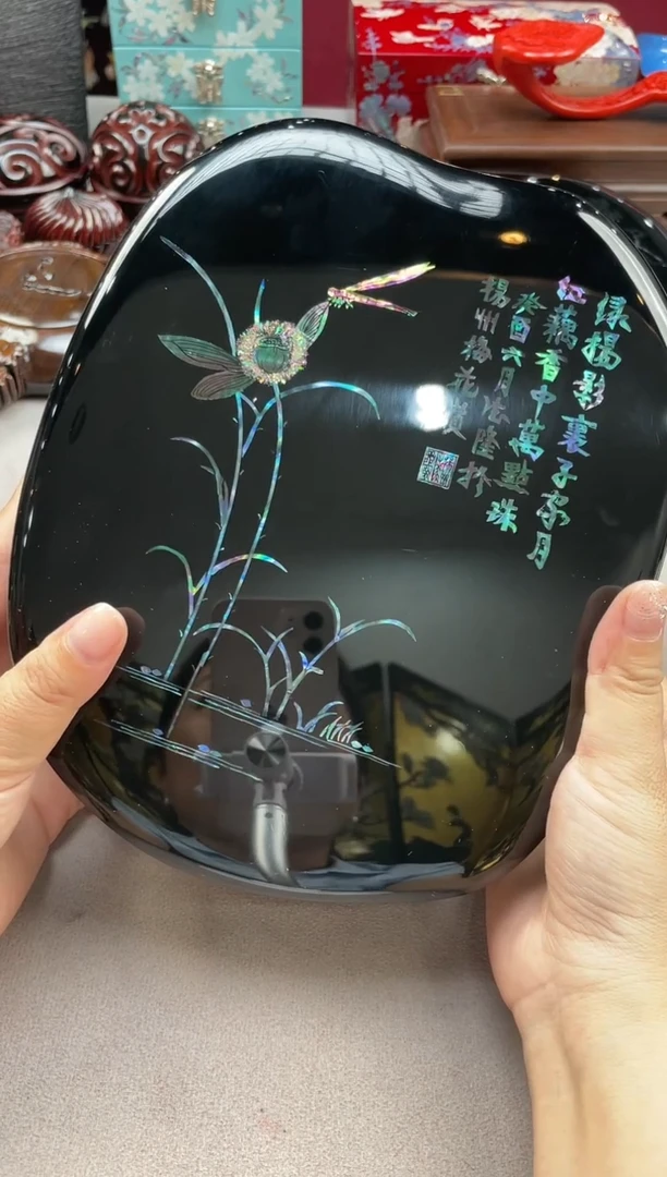 扬州漆器厂点螺漆砂砚荷花