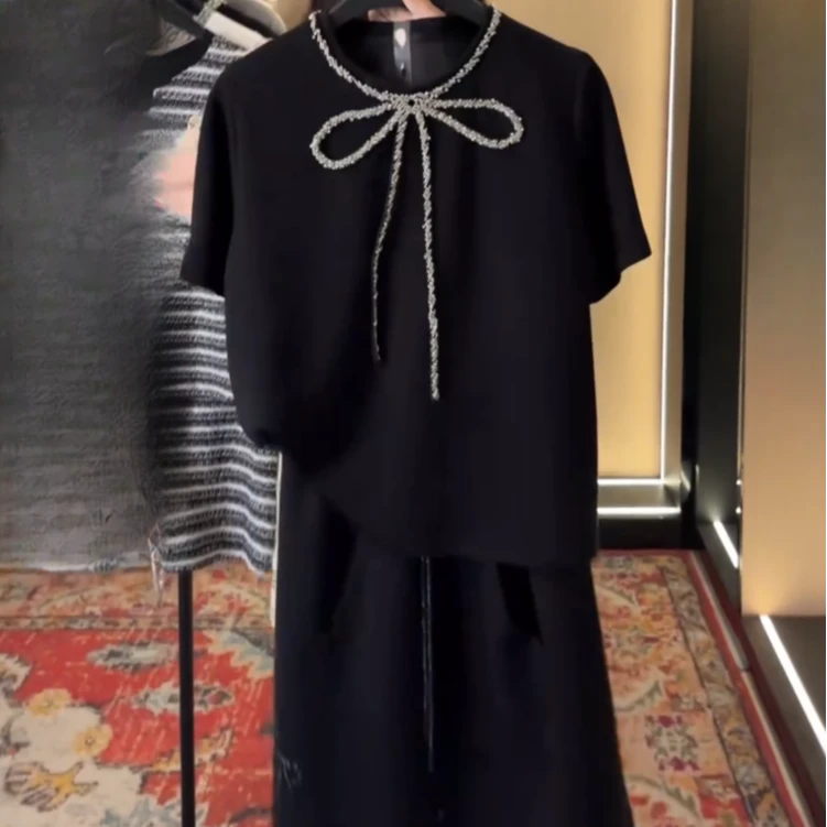 设计师款丨水钻蝴蝶结宽松版夏季短袖T恤短裤时尚套装