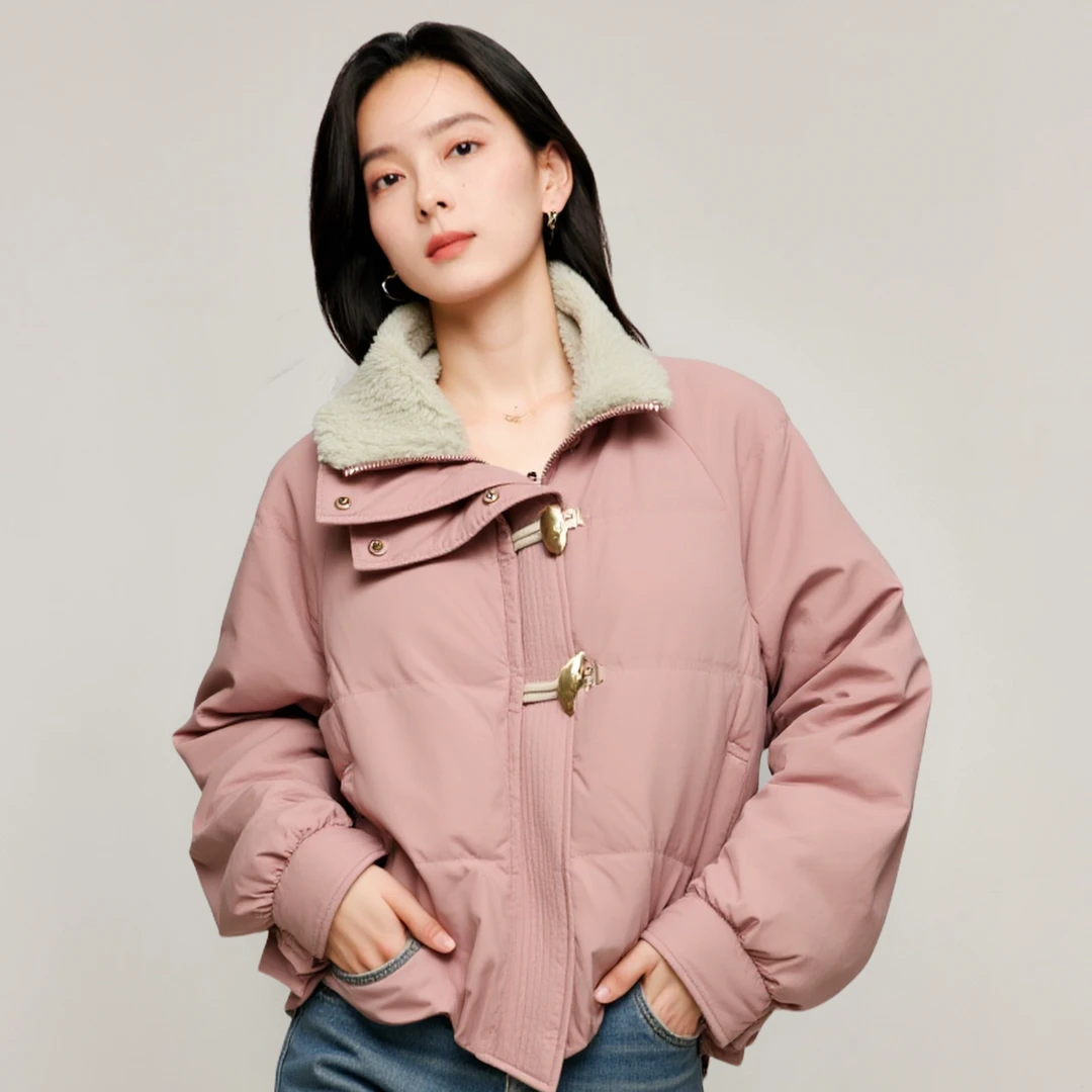 【流光风穿搭】茵曼25冬季90鸭绒牛角扣毛领羽绒服百搭保暖短款外套
