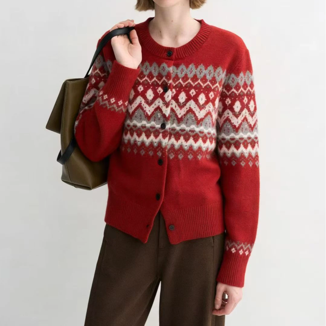 【100%羊毛秦岚同款】深圳南油版费尔岛毛衣开衫2025冬新品针织圆领