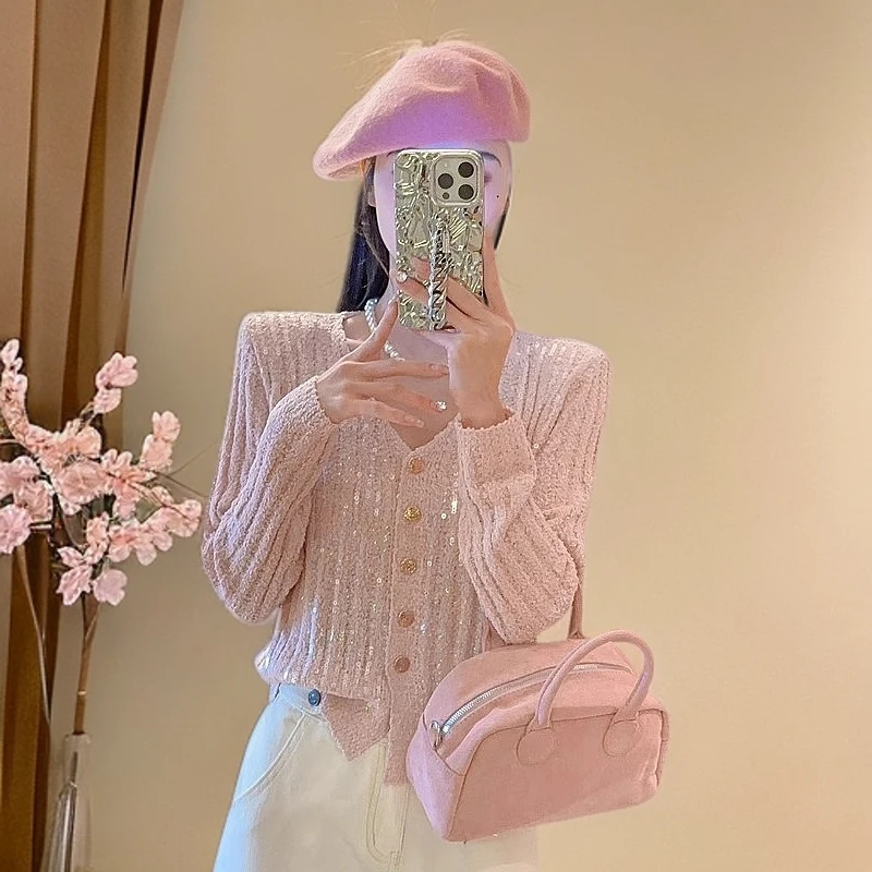 2025早春针织衫长袖开衫亮片宽松女装V领气质韩版减龄时尚外搭