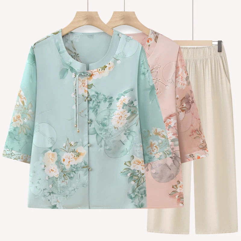 奶奶夏装中袖衬衫老年人套装女妈妈洋气新款老人上衣服老太太薄款