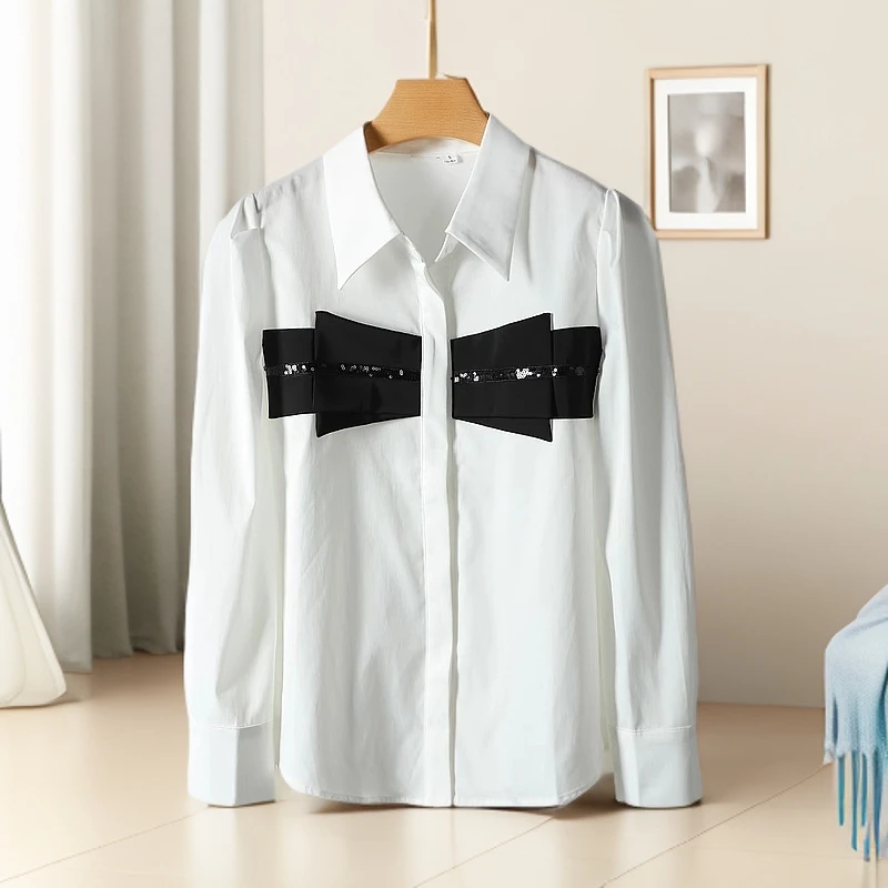 魔】剪标25春品牌折扣时尚都市风拼接撞色亮片丝滑衬衫上衣女士503