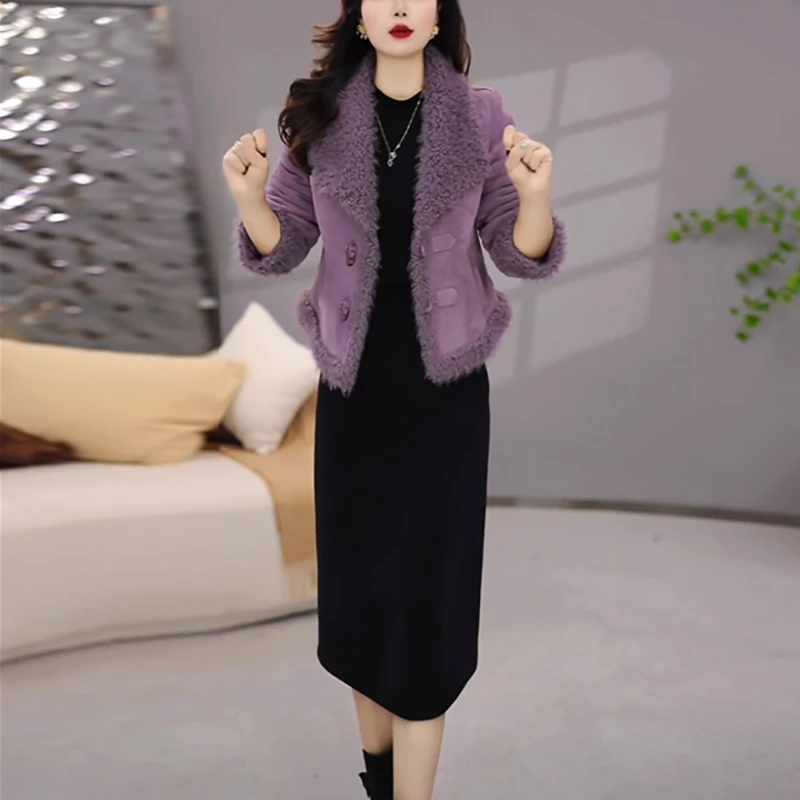麂皮绒气质轻奢高级感裙套装2025秋冬新款时尚贵气加绒加厚连衣裙