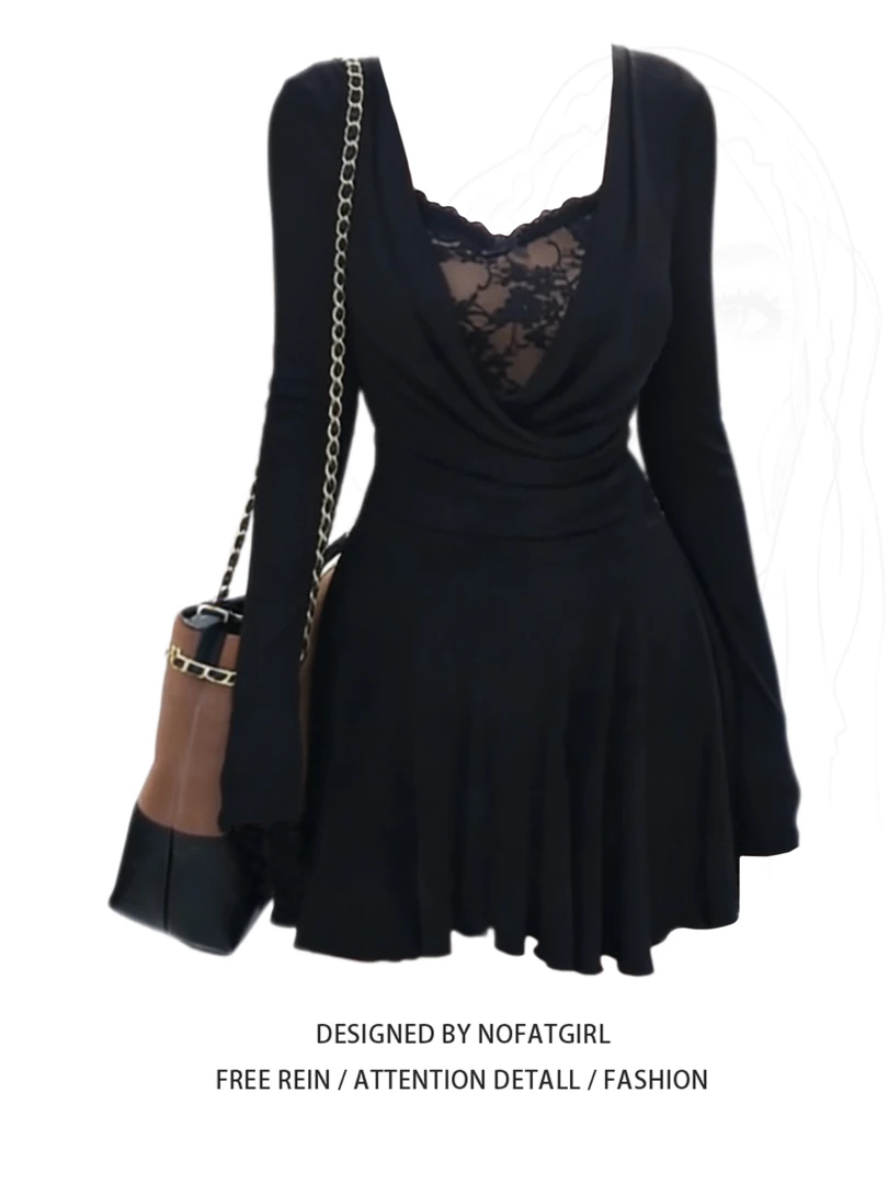 大码胖MM性感风假两件蕾丝拼接连衣裙女冬季黑色长袖收腰遮肉短裙