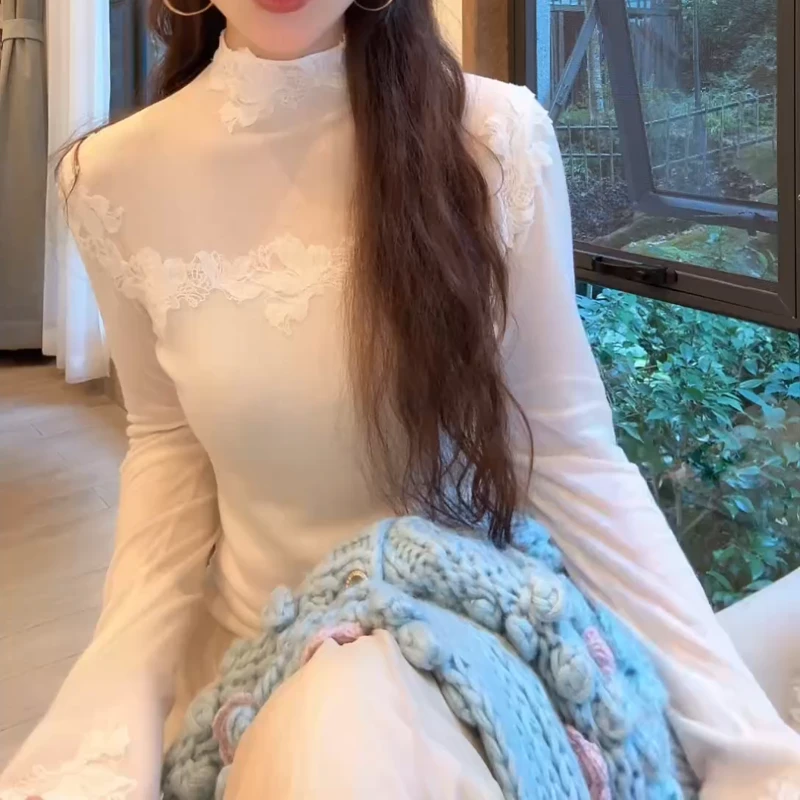 秋冬新款拼接刺绣蕾丝花边半高领显瘦针织打底衫LK2508012
