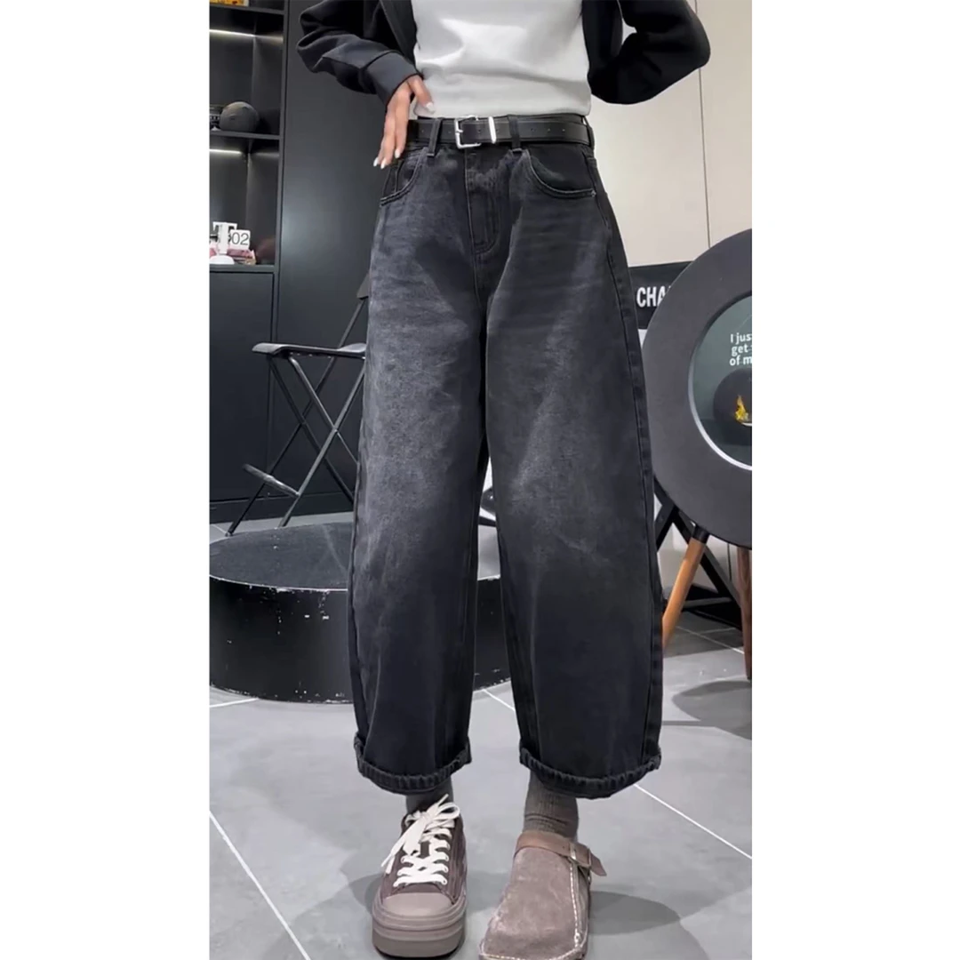 艾塔莉黑色百搭小众牛仔裤女秋季新款梨形身材宽松九分直筒阔腿裤