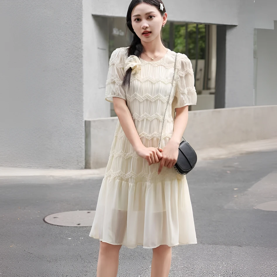 【衣佳精品】夏季新款圆领短袖宽松显瘦气质褶皱中长雪纺连衣裙