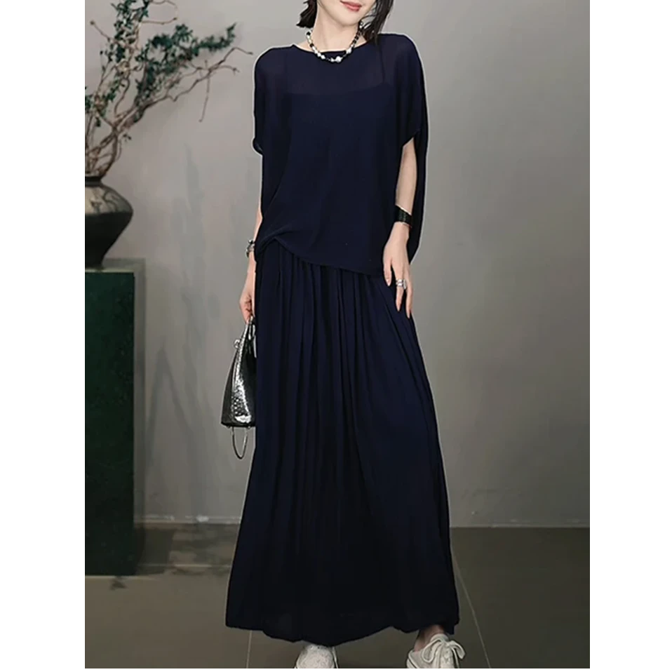 时尚夏季女装套装2025新款简约百搭宽松显瘦一字领上衣半裙两件套