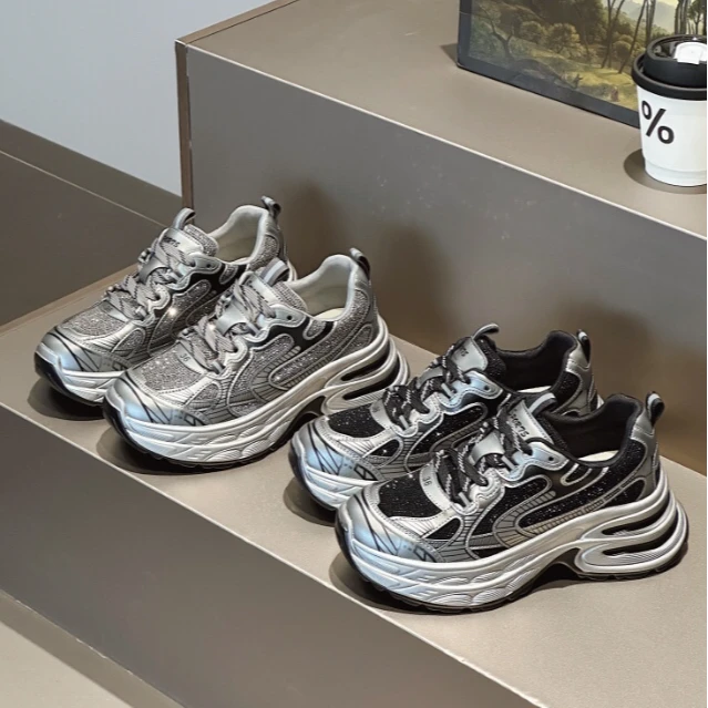 2025年春季新款网面透气厚底增高老爹鞋舒适不累脚时尚满钻6089