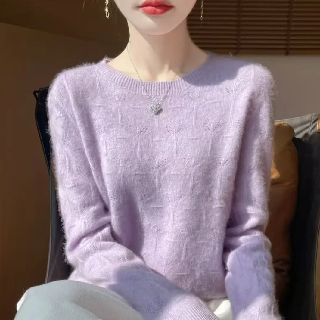 鄂尔多斯市羊绒衫女秋冬季新款提花套头低圆领毛衣宽松针织打底衫