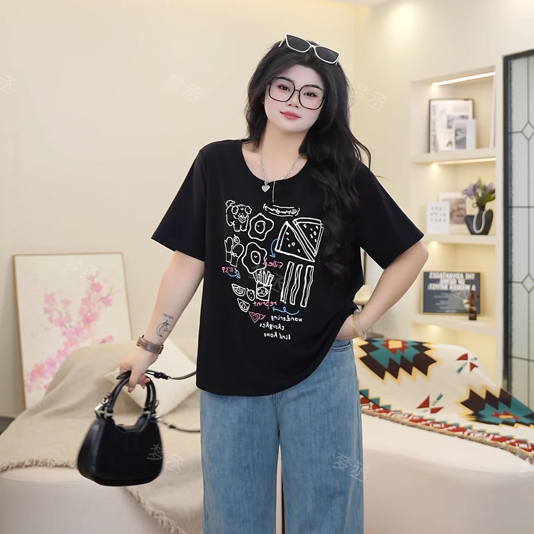 梦丞-大码女装炸街时尚圆领可爱百搭宽松印花正肩时尚短袖上衣