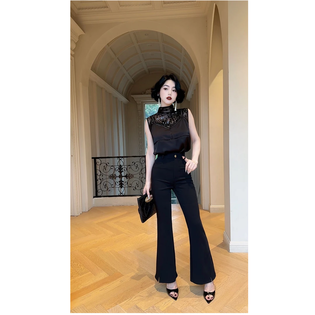 LYXJ【完美线条】极简高级剪裁九分显瘦气质时尚开叉喇叭裤12108