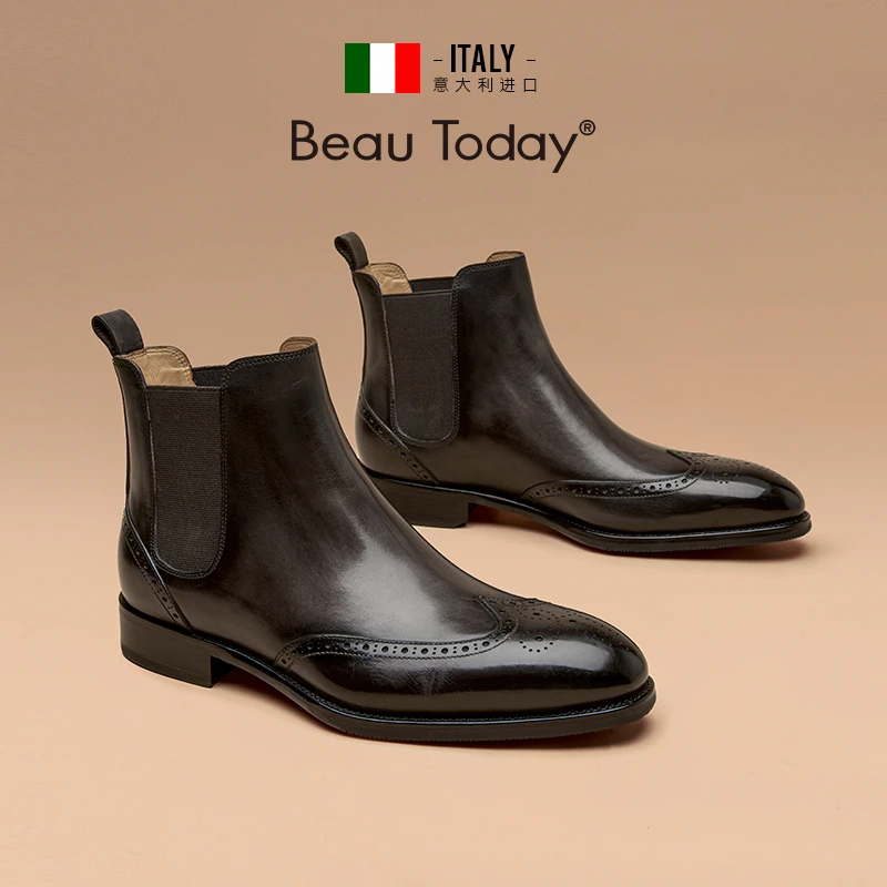 BeauToday【高阶系列】切尔西靴男士布洛克雕花真皮胎牛皮时尚百搭