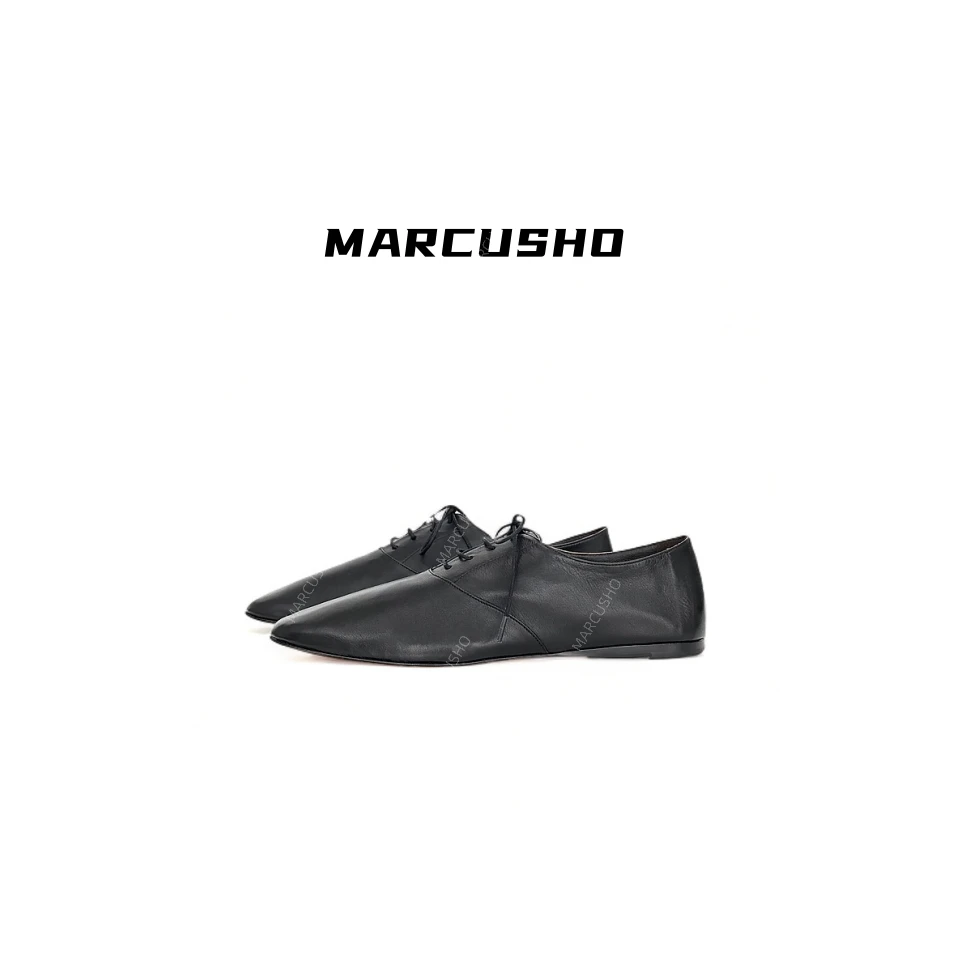 MARCUSHO（瓜子）复古一脚蹬绑带英伦真皮小皮鞋D1069
