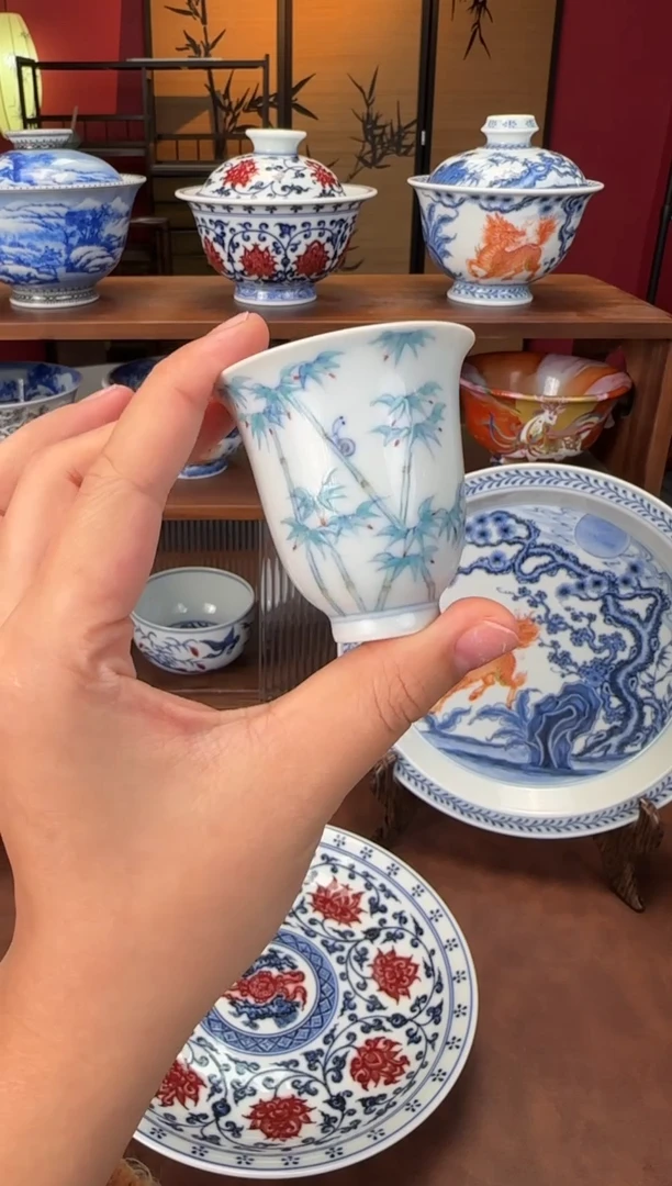 望月怀古斗彩竹子闻香杯