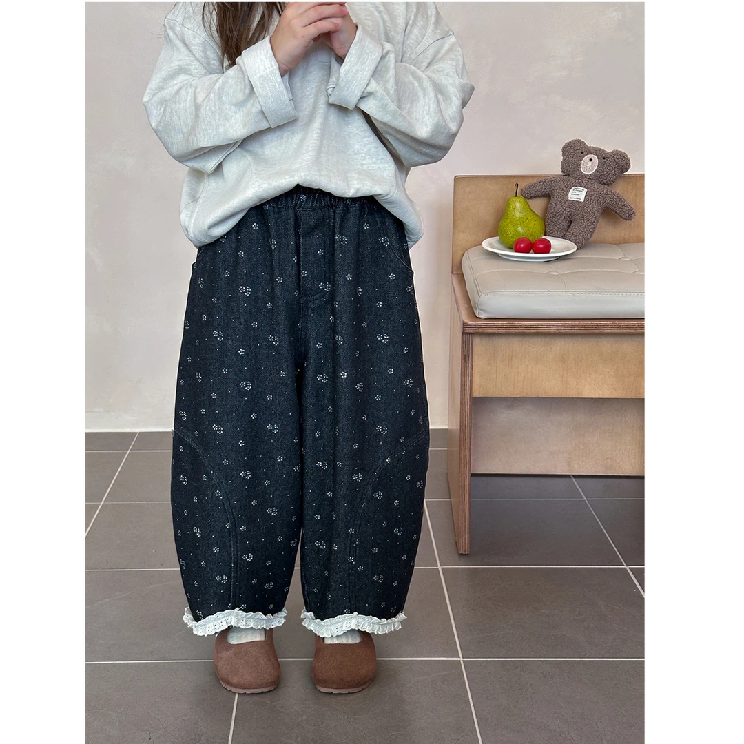 【秋季新款】女童文艺花边碎花设计感简约儿童拼接休闲长裤25F017