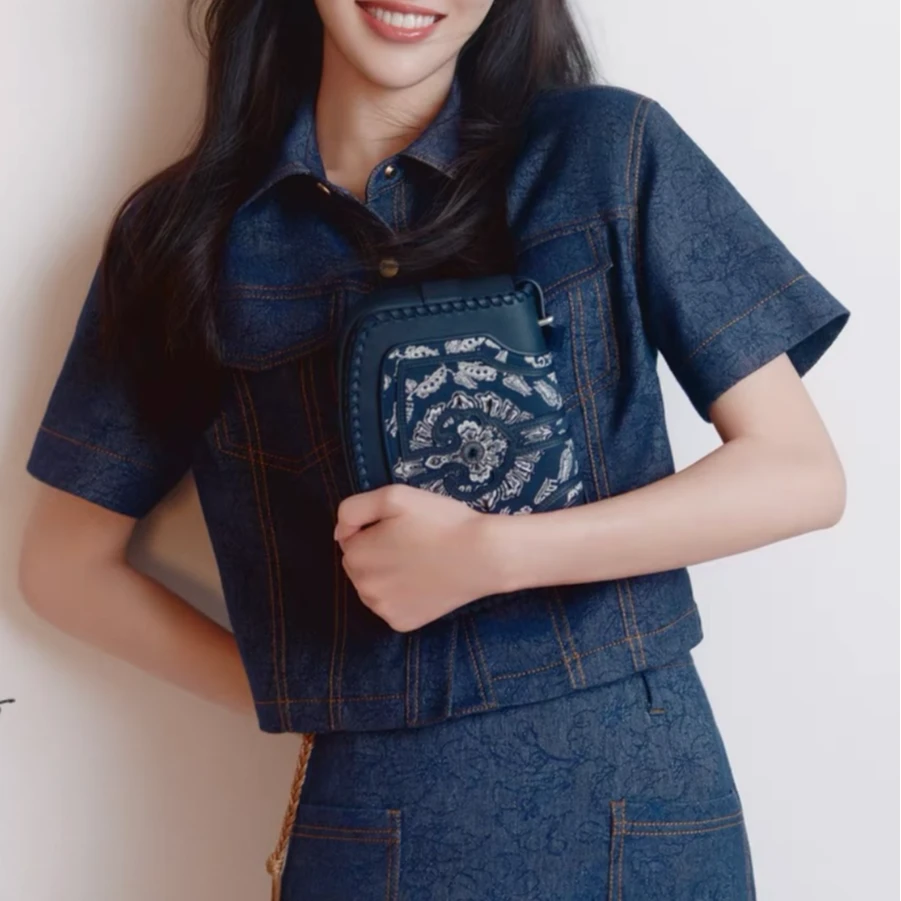 Y039[明星同款]雅系女装 提花仿牛仔开叉半身裙套装 2025春夏新款