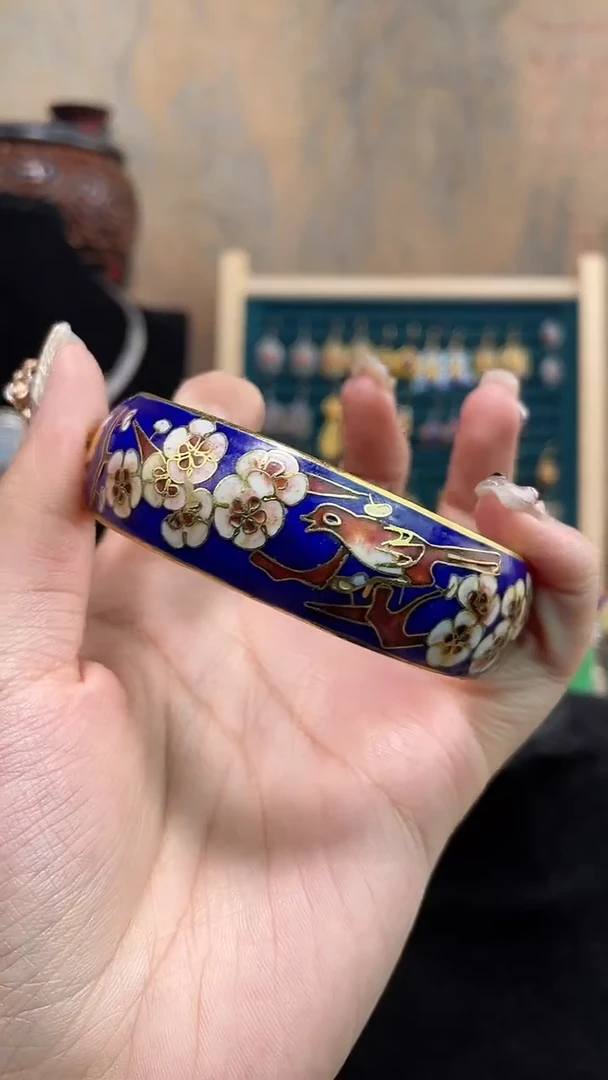 非遗手工景泰蓝银蓝开口镯子宝蓝