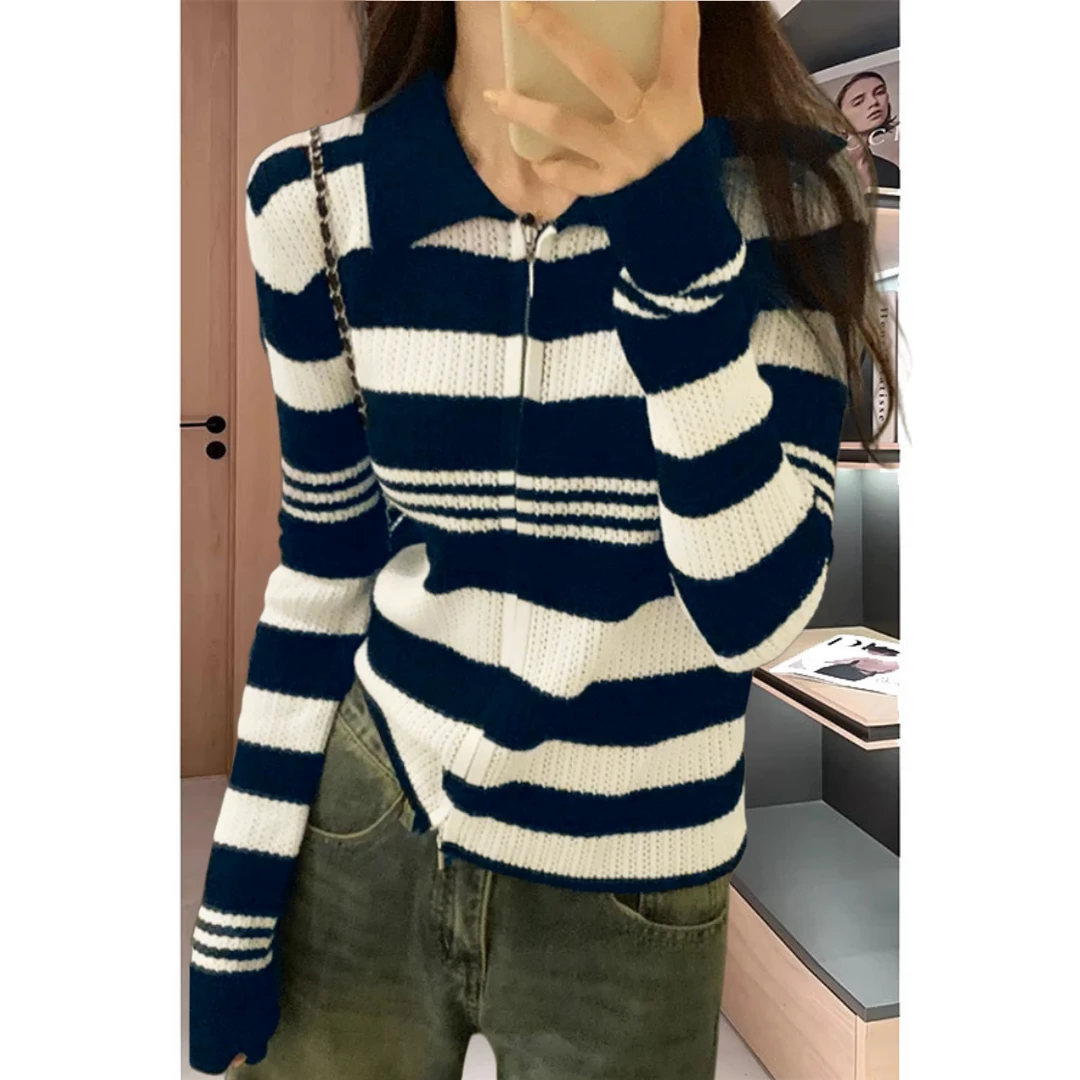 春季薄款条纹针织衫女开衫藏青色双拉链高级感慵懒长袖内搭打底衫
