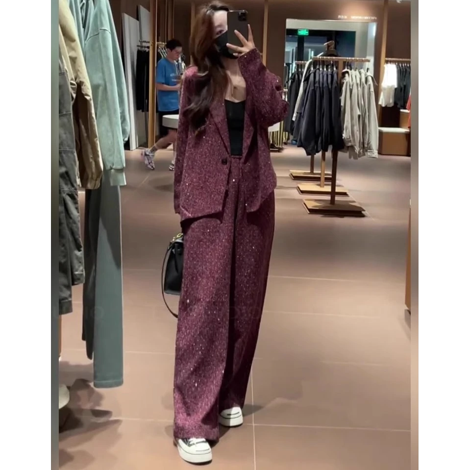 2025秋季新款高级感不规则亮闪闪西装外套女搭高腰阔腿裤两件套